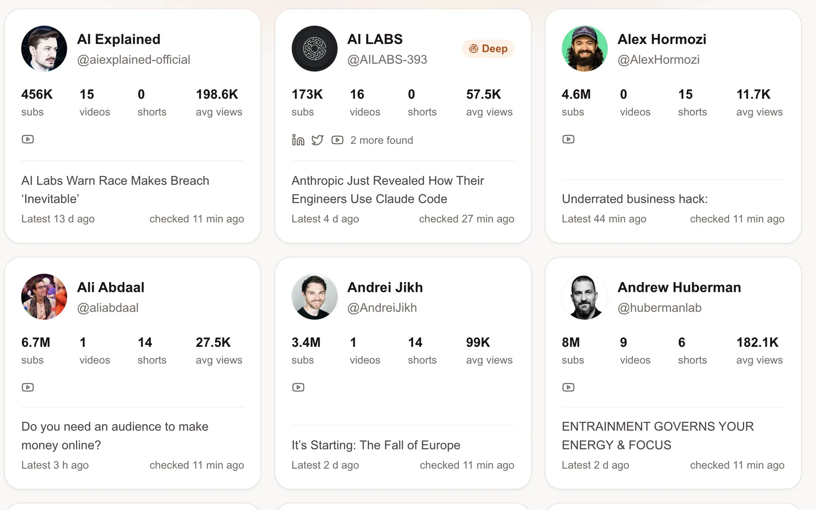 The creators page: each creator with subscribers, videos, shorts and average views, their latest post and when it was checked.