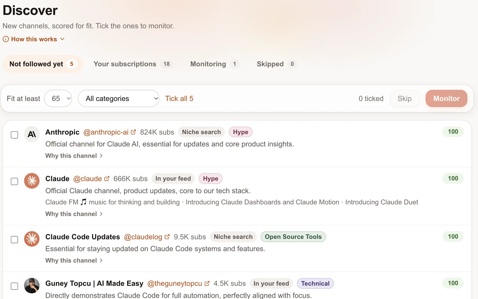 Discover: new channels with their subscribers, labels, a one-line reason each fits, and a fit score.